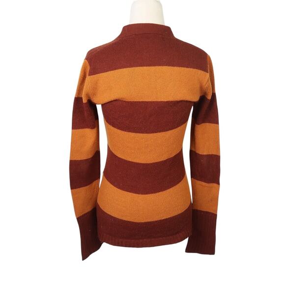 Vintage 70s Mine Doll Brown Tan Rugby Stripe Cardigan Sweater S - Picture 5 of 6